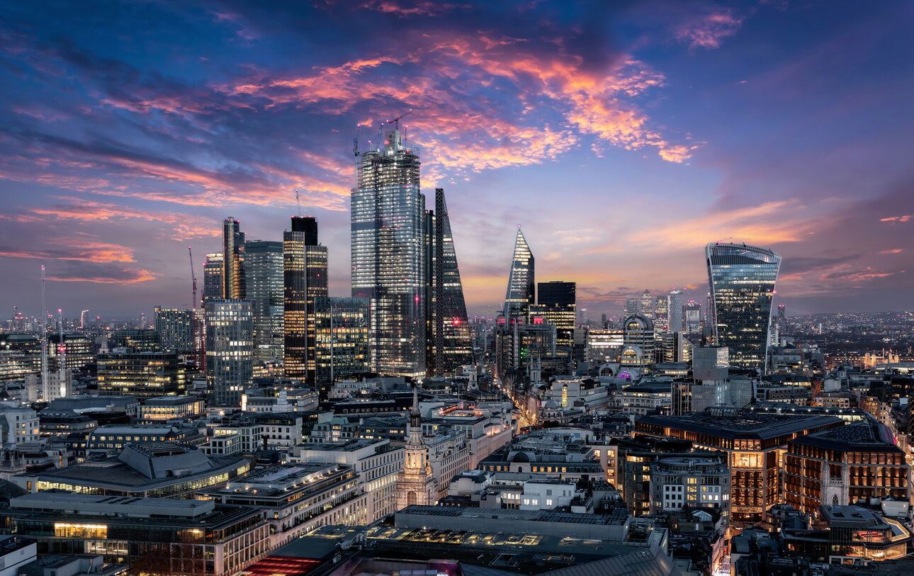 The City of London just after sunset, United Kingdom